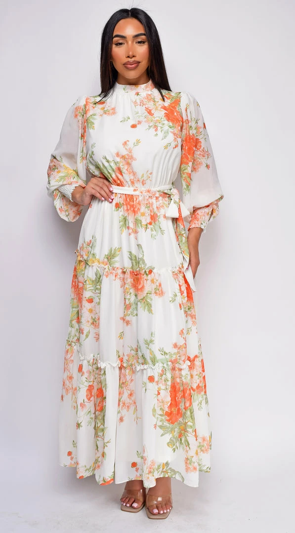Emprada Valencia White Orange Floral Maxi Dress 1 Emprada Valencia White Orange Floral Maxi Dress