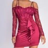 Emprada Thalia Burgundy Red Ruffled Off Shoulder Satin Lace Dress