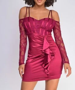 Emprada Thalia Burgundy Red Ruffled Off Shoulder Satin Lace Dress