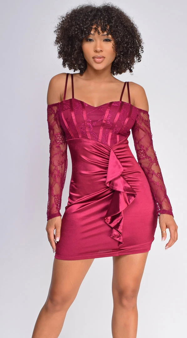 Emprada Thalia Burgundy Red Ruffled Off Shoulder Satin Lace Dress 1 Emprada Thalia Burgundy Red Ruffled Off Shoulder Satin Lace Dress