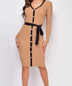 Emprada Jane Beige Ribbed Midi Dress