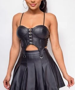 Emprada Bottoms Ruth Black Pleated PU Leather Skirt