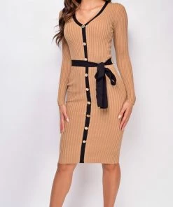 Emprada Jane Beige Ribbed Midi Dress