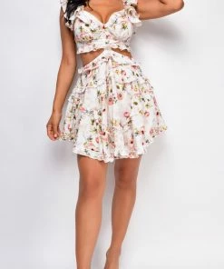 Emprada Dresses Camberly White Floral Cut Out Dress