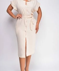 Emprada Dresses Ember Beige Button Down Crepe Shirt Dress