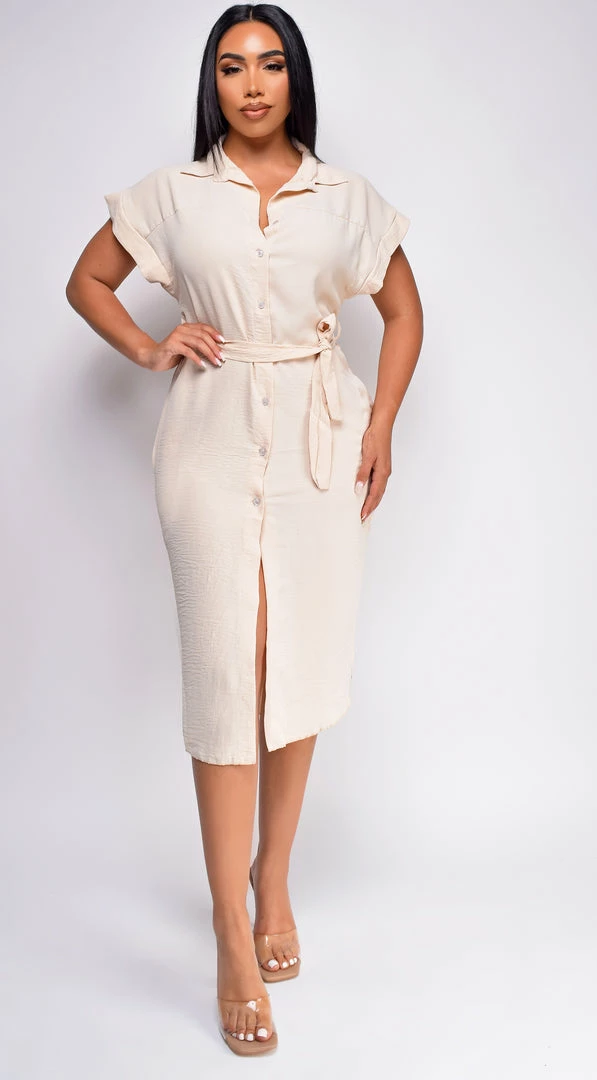 Emprada Dresses Ember Beige Button Down Crepe Shirt Dress 2 Emprada Dresses Ember Beige Button Down Crepe Shirt Dress