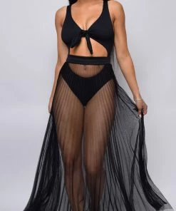 Emprada Palmaria Black Pleated Sheer Tulle Cover-up Skirt Swim