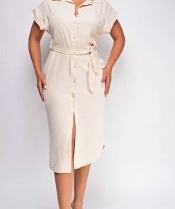 Emprada Dresses Ember Beige Button Down Crepe Shirt Dress