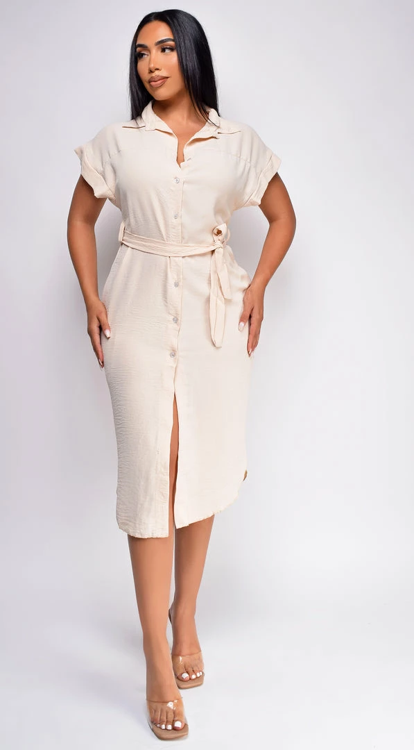 Emprada Dresses Ember Beige Button Down Crepe Shirt Dress 1 Emprada Dresses Ember Beige Button Down Crepe Shirt Dress