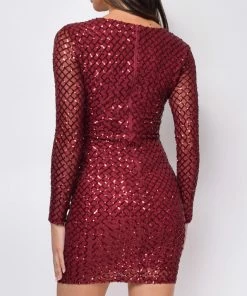 Emprada Kimberly Burgundy Red Sequin Long Sleeve Dress