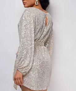 Emprada Tara Champagne Silver Belted Sequin Dress 7 Emprada Tara Champagne Silver Belted Sequin Dress