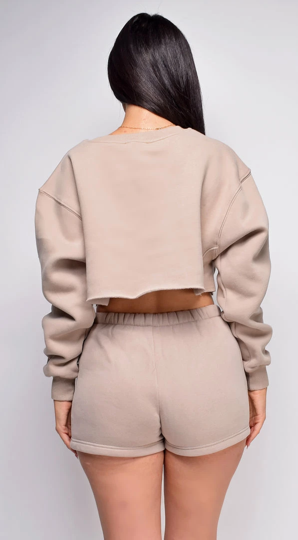 Emprada Cozy Up Beige High Waist Shorts & Crop Sweater Lounge Set 4 Emprada Cozy Up Beige High Waist Shorts & Crop Sweater Lounge Set