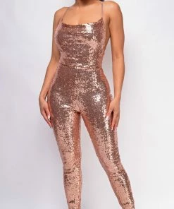 Emprada Saoirse Rose Gold Cowl Neck Sequin Jumpsuit