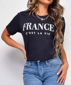 Emprada France C'est La Vie Black Graphic Tee Tops