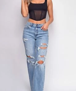 Emprada Suki Blue High Rise Straight Leg Ripped Jeans Bottoms