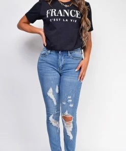 Emprada France C'est La Vie Black Graphic Tee Tops