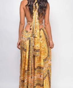 Emprada Metz Yellow Print Double Slit Maxi Dress Dresses