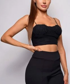 Emprada Milarose Black Ruched Mesh Crop Top Tops