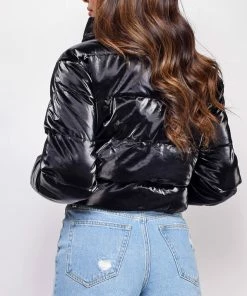 Emprada Outerwear Rai Black PU Leather Crop Puffer Jacket
