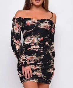 Emprada Dresses Bellina Black Floral Off Shoulder Mini Dress