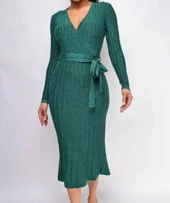 Emprada Dresses Payne Green Lurex Sparkle Ribbed Sweater Dress