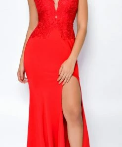 Emprada Jaylah Red Lace Slit Gown Maxi Dresses
