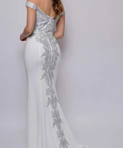 Emprada Ensley Off White Off Shoulder Silver Lace Detail Gown