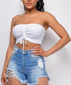 Emprada Dana White Tube Ruched Crop Top