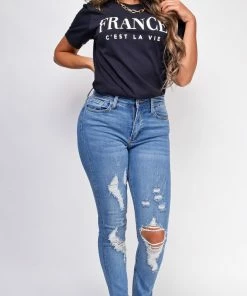 Emprada France C'est La Vie Black Graphic Tee Tops