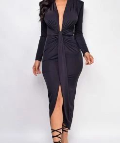 Emprada Dresses Brielle Black Deep Plunge Front Knot Dress