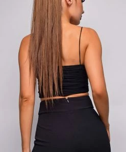 Emprada Milarose Black Ruched Mesh Crop Top Tops