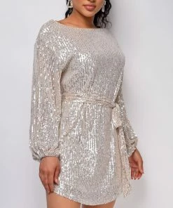 Emprada Tara Champagne Silver Belted Sequin Dress 6 Emprada Tara Champagne Silver Belted Sequin Dress
