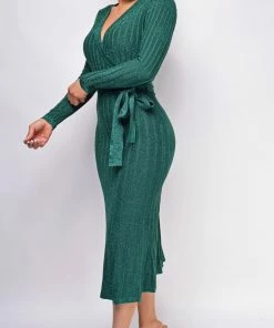 Emprada Dresses Payne Green Lurex Sparkle Ribbed Sweater Dress