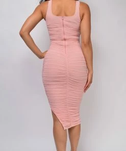 Emprada Dresses Nezrin Pink Blush Square Neck Ruched Side Slit Midi Dress