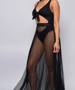 Emprada Palmaria Black Pleated Sheer Tulle Cover-up Skirt Swim