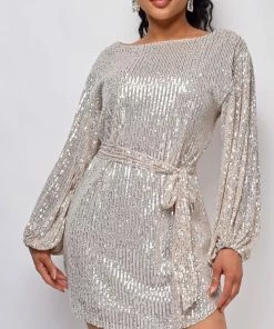 Emprada Tara Champagne Silver Belted Sequin Dress