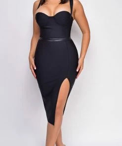 Emprada Khloe Black Bustier Side Slit Bandage Dress Dresses