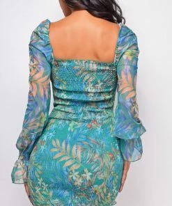 Emprada Dresses Kandi Green Smocked Floral Print Dress