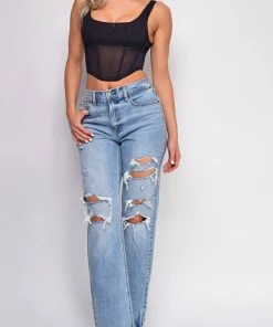 Emprada Suki Blue High Rise Straight Leg Ripped Jeans Bottoms