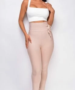 Emprada Hara Beige High Waist Belted Bandage Pants Bottoms