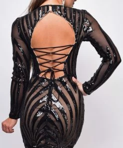 Emprada Khristen Black Nude Sequin Mesh Open Back Mini Dress Dresses