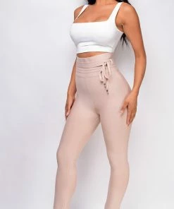 Emprada Hara Beige High Waist Belted Bandage Pants Bottoms