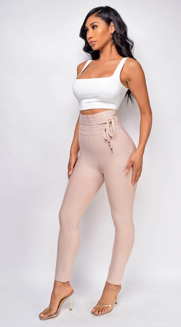 Emprada Hara Beige High Waist Belted Bandage Pants Bottoms 2 Emprada Hara Beige High Waist Belted Bandage Pants Bottoms