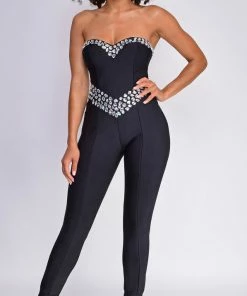 Emprada Jenna Black Embellished Gem Bandage Jumpsuit