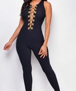 Emprada Lida Black Gold Chain Lace Up Jumpsuit