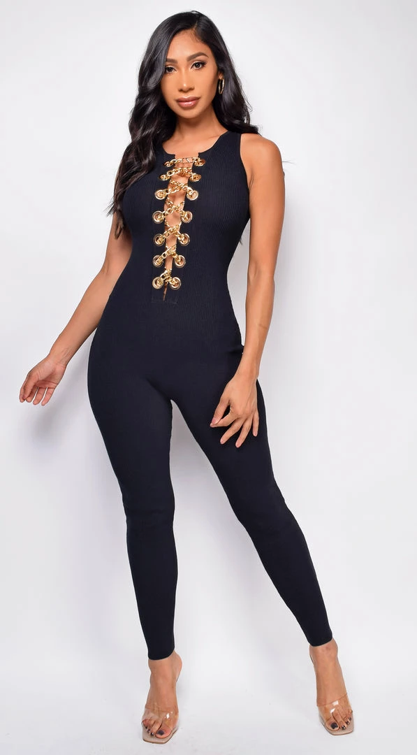Emprada Lida Black Gold Chain Lace Up Jumpsuit 2 Emprada Lida Black Gold Chain Lace Up Jumpsuit