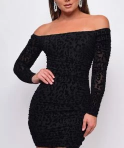 Emprada Allie Black Leopard Velvet Flock Off Shoulder Long Sleeve Dress Dresses