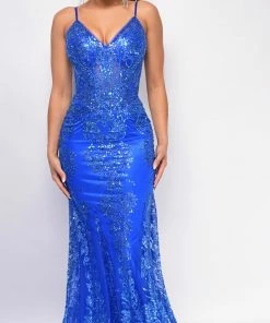 Emprada Dresses Toira Royal Blue Floral Print Corset Mermaid Gown