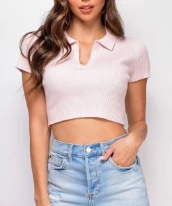 Emprada Bondi Pink Short Sleeve Collared Sweater Crop Top