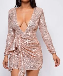 Emprada Soila Rose Gold Sequin Drape Side Dress